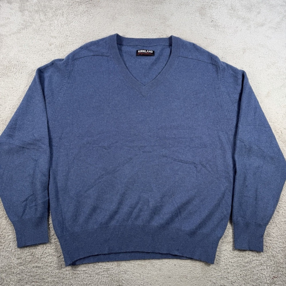 Kirkland Signature Sweater Mens XL Blue 100% Cashmere 2 Ply V-Neck Pullover Soft
